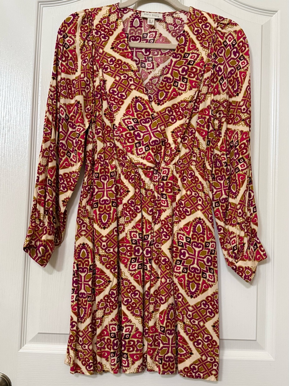 Long Sleeve V-Neck Cream and Magenta Printed Dress - Casual to Daywear